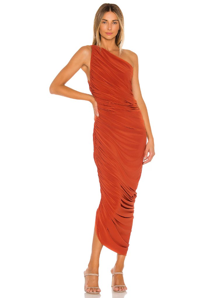 Norma Kamali One-Shoulder Ruched Midi Dress In Burnt Orange — image 2 of 8